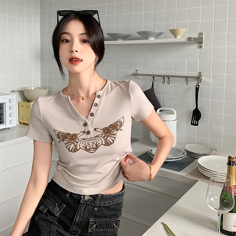 Áo Thun Ngắn Tay Cổ Chữ V In Họa Tiết Thời Trang Mùa Hè Hàn Quốc 2023