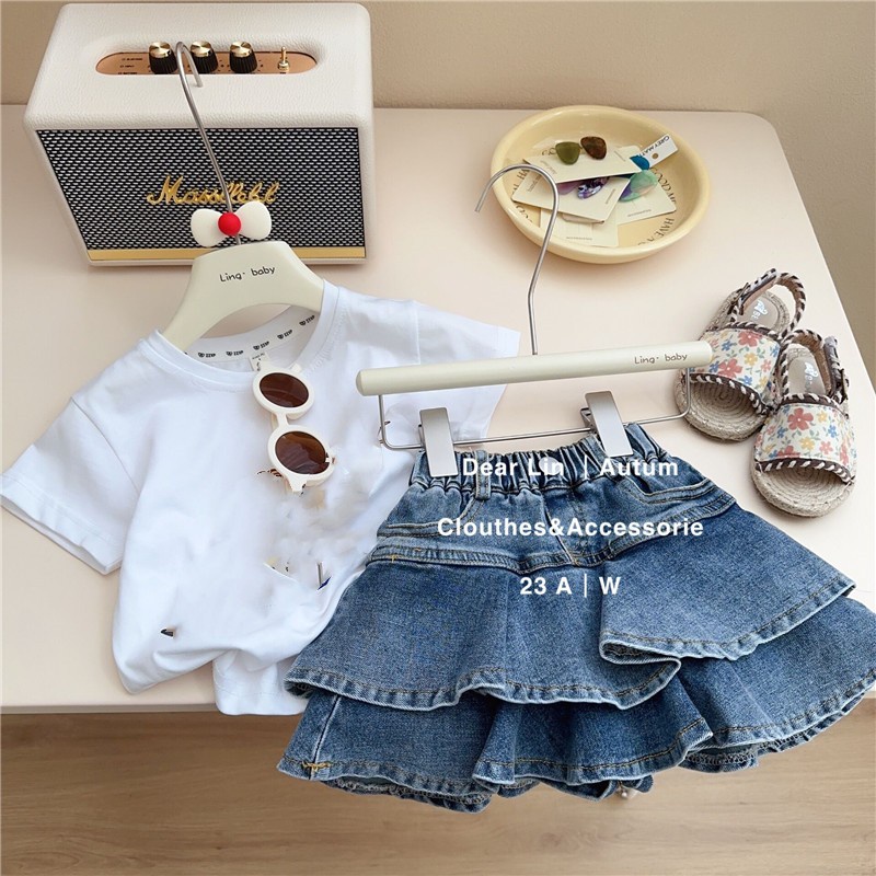 Set Áo Thun Ngắn Tay In Họa Tiết + Chân Váy Denim Ngắn Thời Trang Mùa Hè Cho Bé Gái