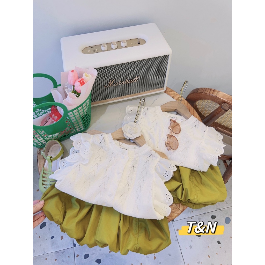 Bộ Áo Ren Tay Bay + Quần Bí Ngô Dễ Thương Thời Trang Mùa Hè Phong Cách Hàn Quốc Cho Bé Gái