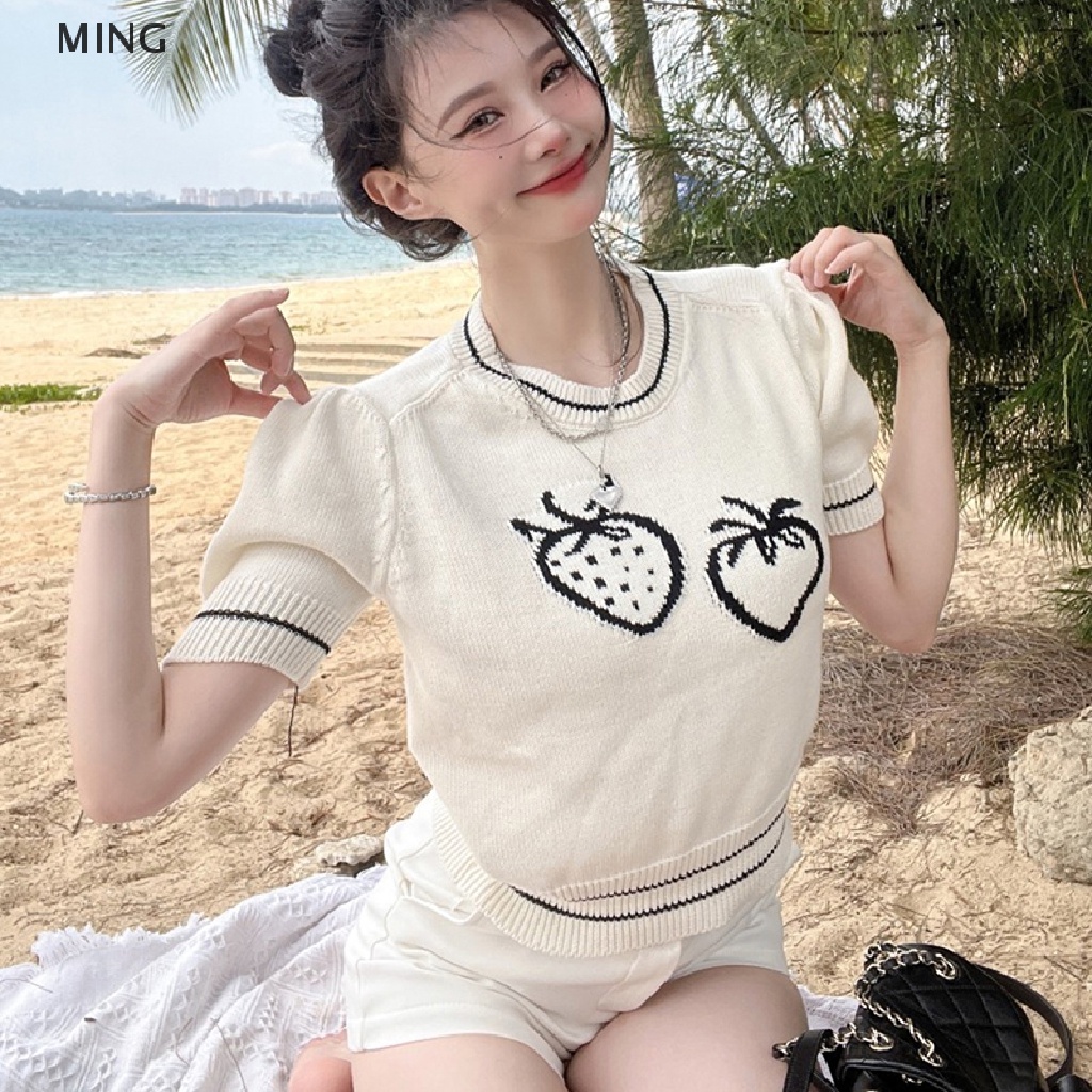 Áo Thun Dệt Kim Tay Ngắn Cổ Tròn In Hình Dâu Tây Phong Cách Retro Dành Cho Nữ