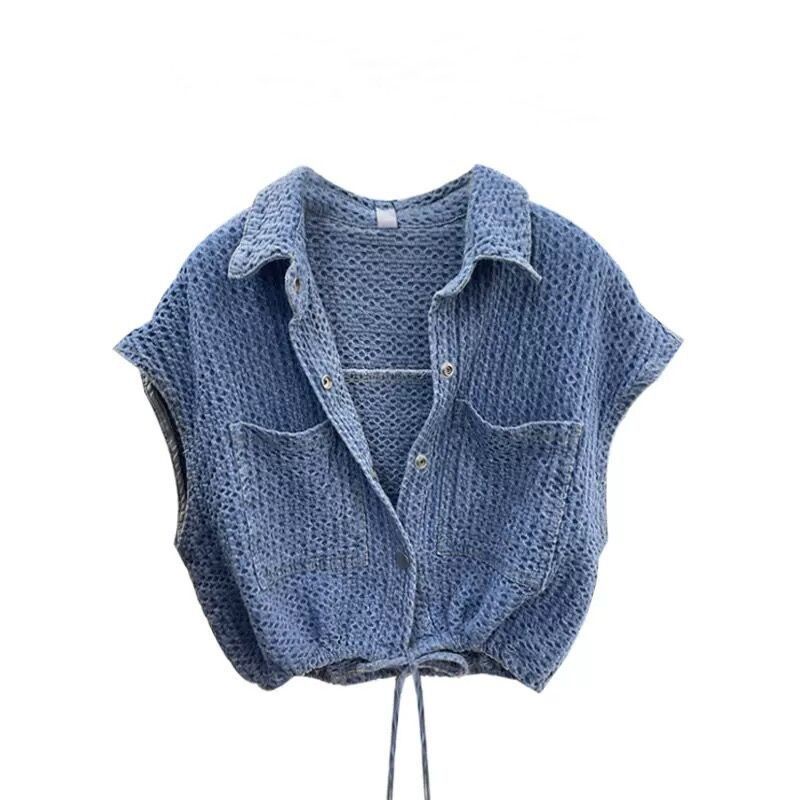 Áo Khoác Denim Không Tay Dáng Rộng Thiết Kế Dây Rút Phong Cách Retro Thời Trang Mới 2023 Cho Nữ