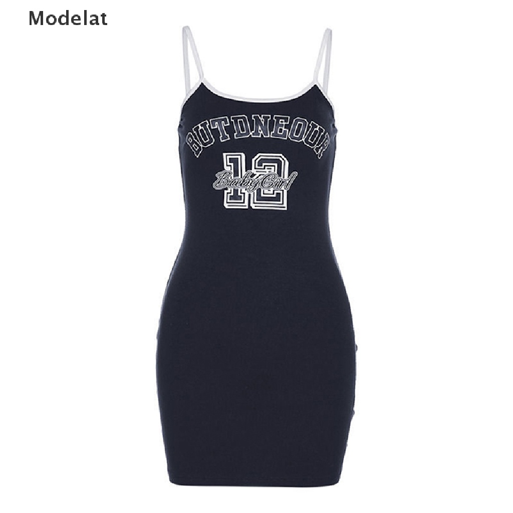 Đầm Hai Dây Cổ Tròn Dáng Ôm In Chữ Thời Trang Mùa Hè Cho Bạn Gái