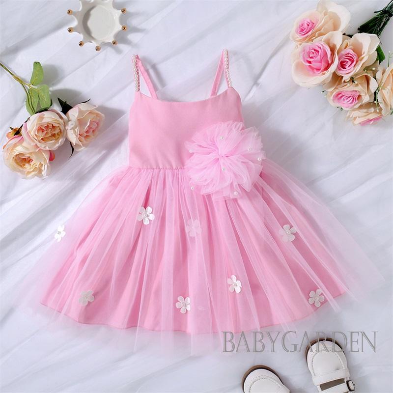 Đầm Công Chúa Dáng Chữ A Không Tay Vải Tuyn Đính Hoa Ngọc Trai Màu Xanh Lá / Hồng / Tím Cho Bé Gái 1-6 Tuổi Dự Tiệc