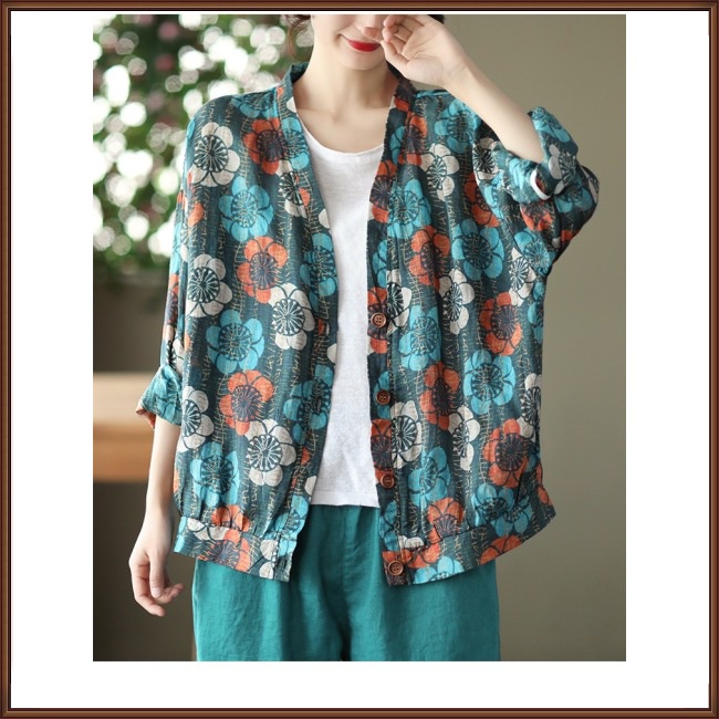 Áo Sơ Mi Vải Lanh Cổ Chữ V Tay Dài Dáng Rộng In Họa Tiết Thời Trang Dành Cho Nữ