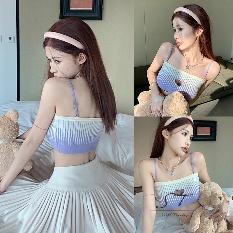 Áo Croptop Hai Dây Dệt Kim Màu Sắc Tương Phản Họa Tiết Trái Tim Thời Trang Mùa Hè Cho Nữ M5