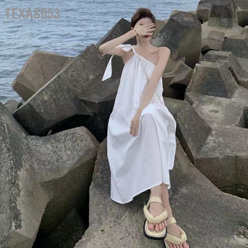 Texas053 Đầm Dây Một Vai Màu Tinh Khiết Dài Phong Cách Chảy Viền Thoải Mái Đi Biển Thường Ngày Cho Kỳ Nghỉ Lễ