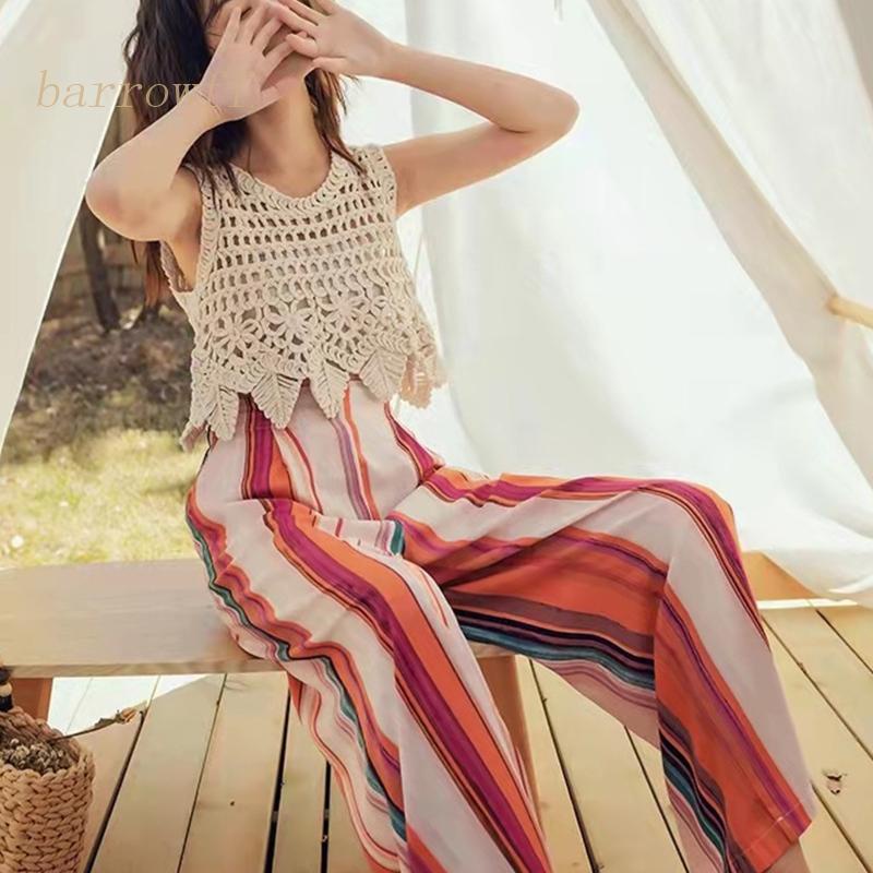 Áo Croptop Dệt Kim Không Tay Họa Tiết Hoa Lá Thời Trang Đi Biển Cho Nữ