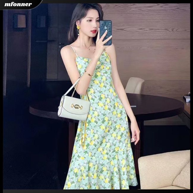 Đầm Midi Hai Dây Nhún Bèo In Họa Tiết Hoa Thời Trang Mùa Hè Cho Nữ