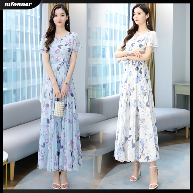 Đầm Tay Ngắn Cổ Tròn In Hoa Thời Trang Mùa Hè Xinh Xắn Cho Nữ