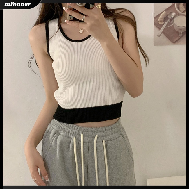 Áo Croptop Dệt Kim Sát Nách Cổ Tròn Màu Sắc Tương Phản Ôm Dáng Gợi Cảm Cho Nữ