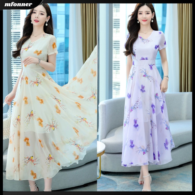 Đầm Midi Ngắn Tay Cổ Tròn Eo Cao in Hoa Thời Trang Dành Cho Nữ