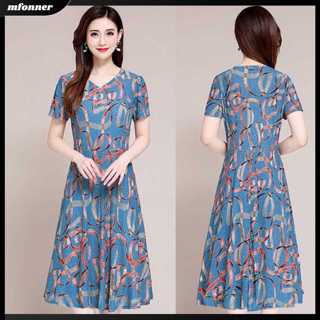 Đầm Midi Lưng Cao Cổ Chữ V In Họa Tiết Thời Trang Thoáng Khí Thân Thiện Với Da