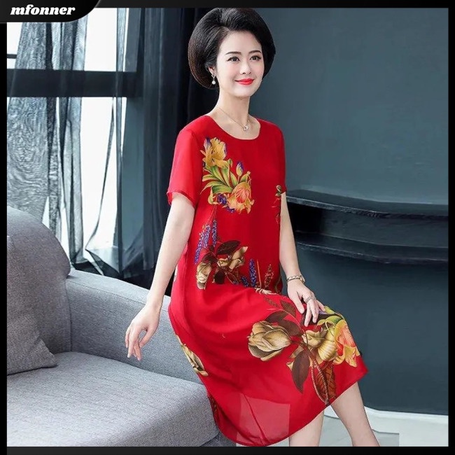 Đầm Tay Ngắn Cổ Tròn Dáng Rộng In Họa Tiết Thời Trang Sang Trọng Cho Phụ Nữ Trung Niên