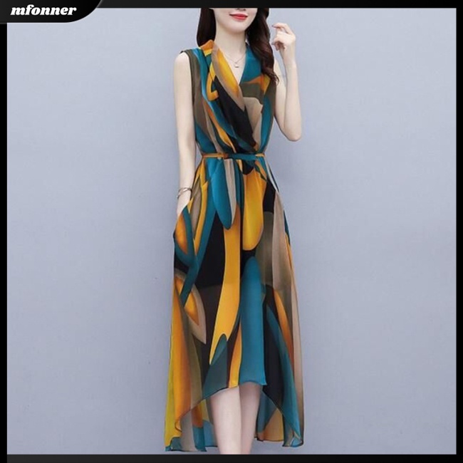 Đầm Dài Qua Gối Không Tay Cổ Chữ V In Họa Tiết Phong Cách Phương Tây Lãng Mạn Dành Cho Nữ