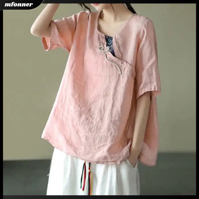 Áo Sơ Mi Vải Lanh Cotton Dáng Rộng Thêu Họa Tiết Kiểu Retro Trung Hoa Cho Nữ