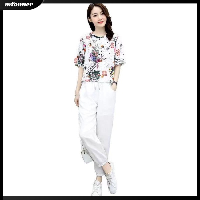 Set Đồ Thời Trang 2 Món Áo Thun Phối Quần Dài In Họa Tiết Thời Trang Xinh Xắn Cho Nữ