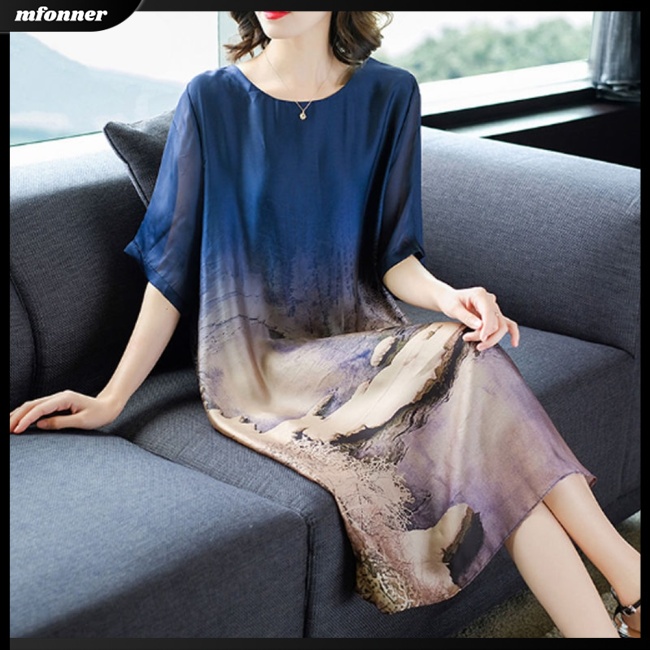 Đầm Lụa Lạnh Mỏng Dáng Rộng Tay Ngắn In Họa Tiết Xinh Xắn Cho Nữ