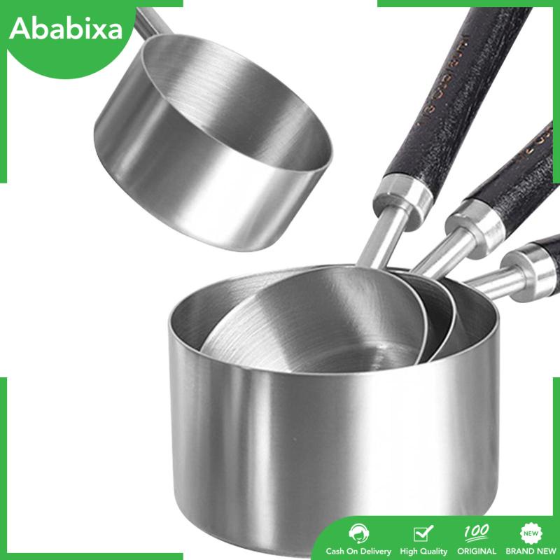 Bộ 4 Cốc Đo Lường Bằng Thép Không Gỉ Với Tay Cầm Bằng Gỗ Tiện Dụng Cho Nhà Bếp