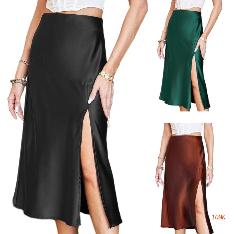 Xiangbao Chân Váy Midi Dài Lưng Cao Xẻ Tà Bằng Satin Mặc Khi Đi Tiệc Tối Công Sở Giản Dị
