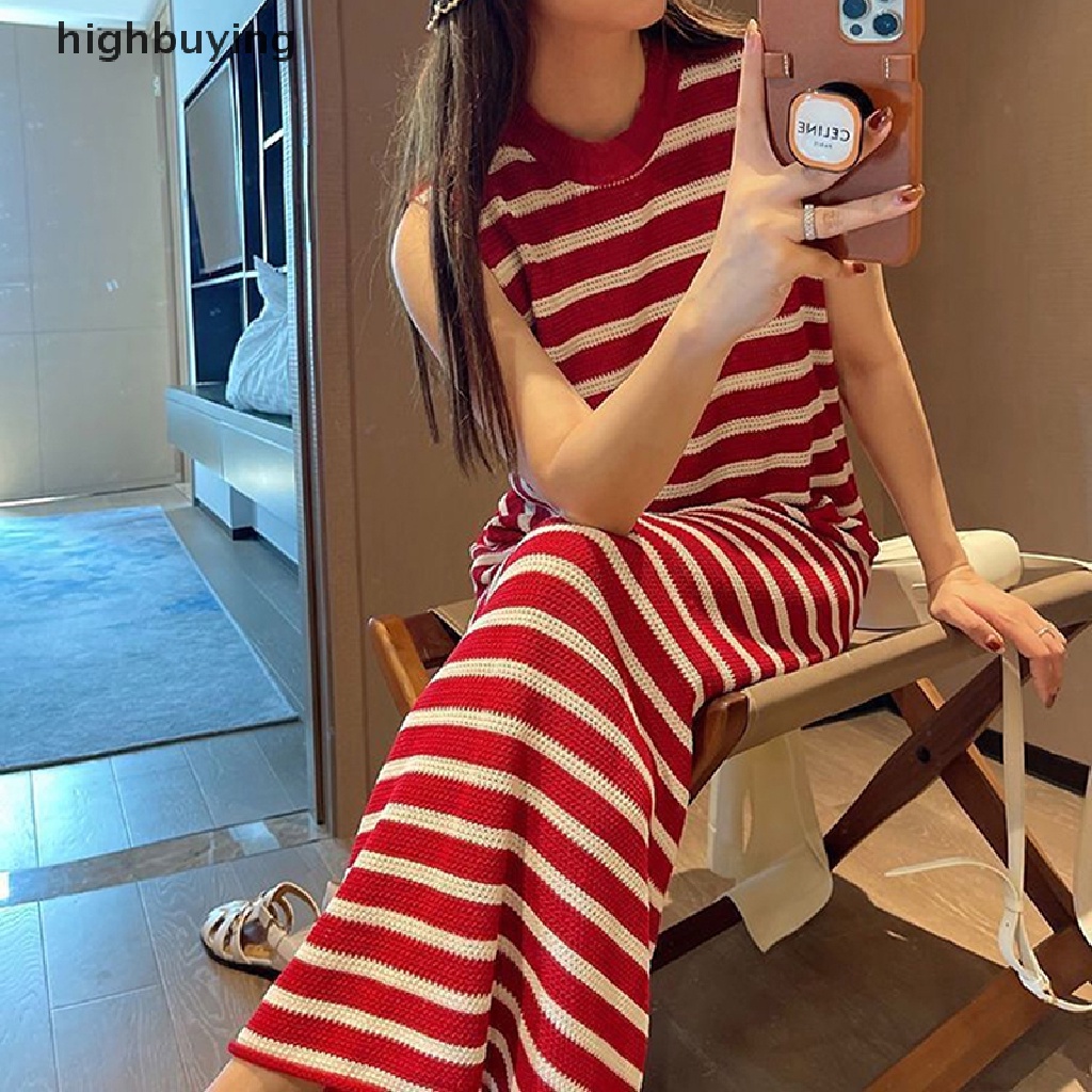 Đầm Dài Không Tay Họa Tiết Kẻ Sọc Phong Cách Hàn Quốc Cho Nữ