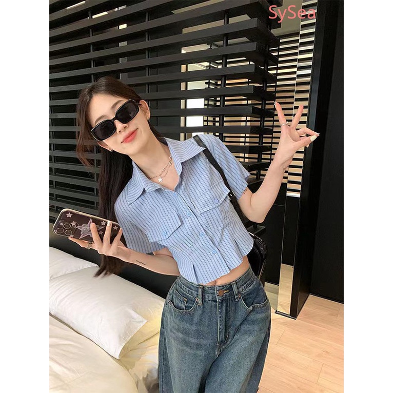 Áo Sơ Mi Ngắn Kẻ Sọc Thời Trang Mùa Hè Hàn Quốc Cho Nữ