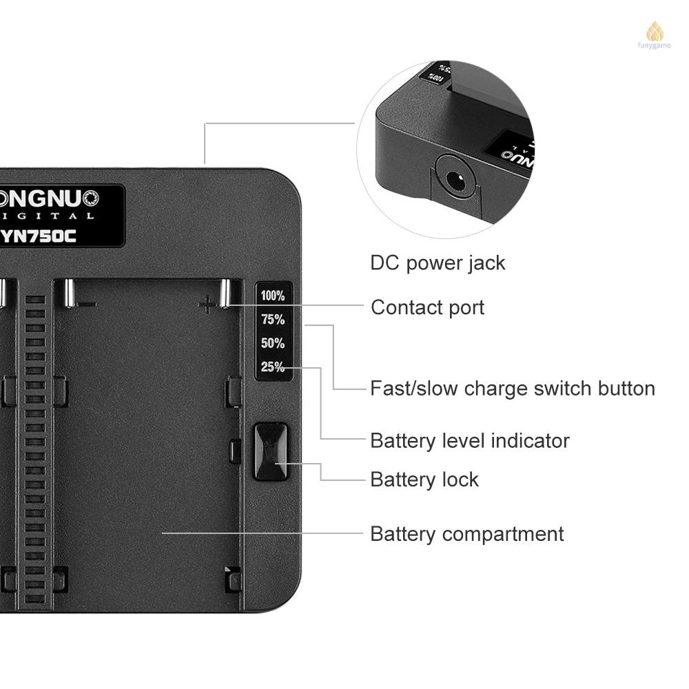 YONGNUO Bộ Sạc Pin Lithium YN750C Hai Kênh Chuyên Nghiệp Hỗ Trợ Sạc Nhanh NP-F750 NP-F550 NP-F950 / B NP-F530