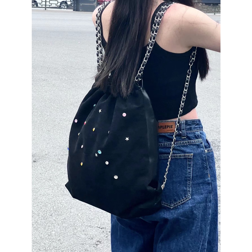 Ba Lô Dây Rút Chất Liệu Nhung Đính Đá Nhiều Màu Phong Cách Hàn Quốc Cho Nữ