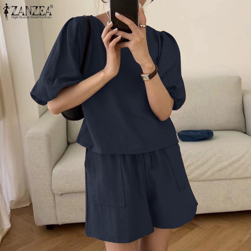 Bộ đồ ZANZEA gồm áo tay phồng cổ tròn phối quần short lưng cao phối túi thời trang Hàn Quốc cho nữ
