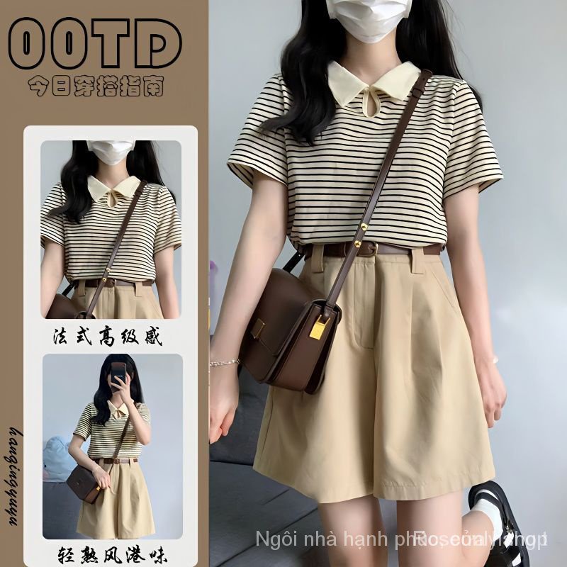set Áo Thun polo Ngắn Tay Và Quần Kaki Ngắn Kẻ Sọc Phong Cách Mới Mùa Hè Cho Nữ
