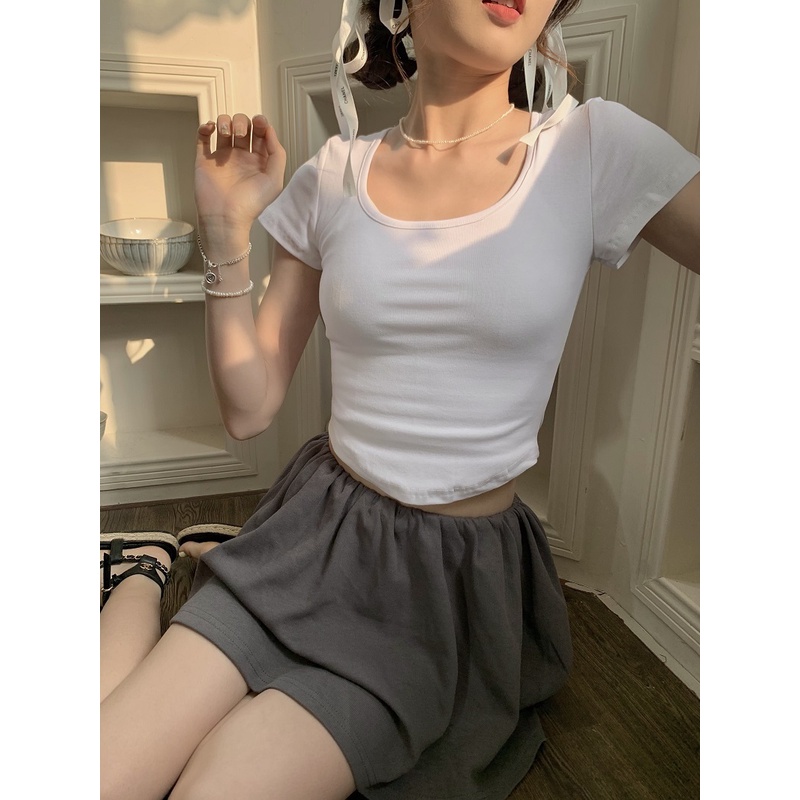 Áo Thun Ngắn Tay Cổ Chữ U Lệch Vai Thời Trang Mùa Hè Cho Nữ