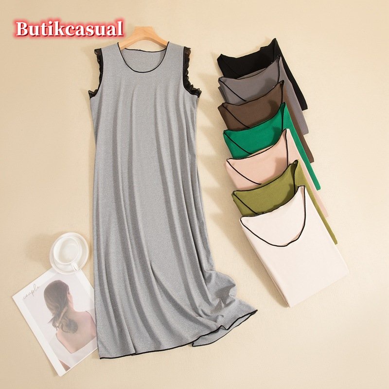 Đầm midi Cotton Cổ Tròn Dáng Rộng Phối Ren Thoải Mái Thời Trang Mùa Hè Cho Nữ