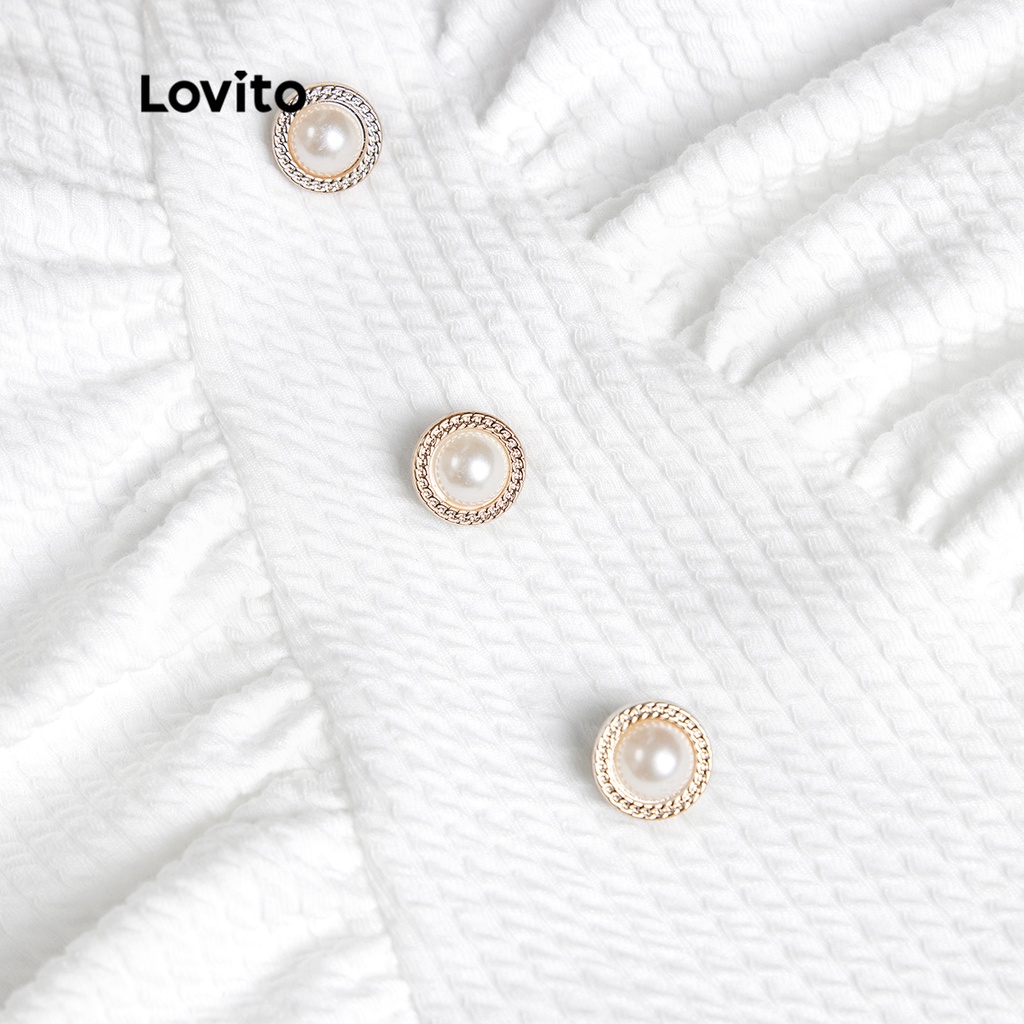 Đồ bơi một mảnh Lovito phối nút phía trước vải xếp nếp họa tiết thêu chắp vá mặc thường ngày cho nữ L50AD012 (trắng)