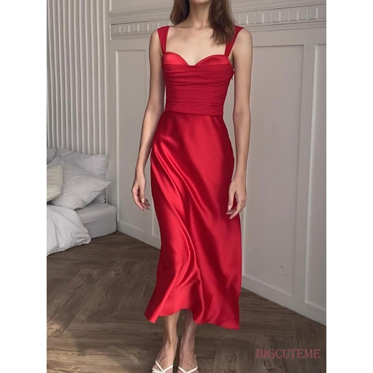 Đầm Dài Hai Dây Cổ Chữ V Màu Sắc Trơn Thời Trang Mùa Hè Cho Nữ