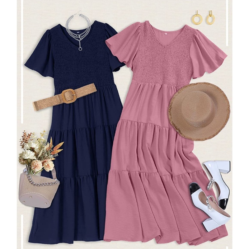 Đầm Midi Tay Ngắn Cổ Chữ V Thời Trang Mùa Hè Xinh Xắn Cho Nữ