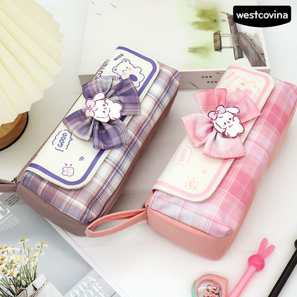 [COD]♪Túi Đựng Bút Bằng Vải Bạt Hai Lớp Sức Chứa Lớn Thắt Nơ