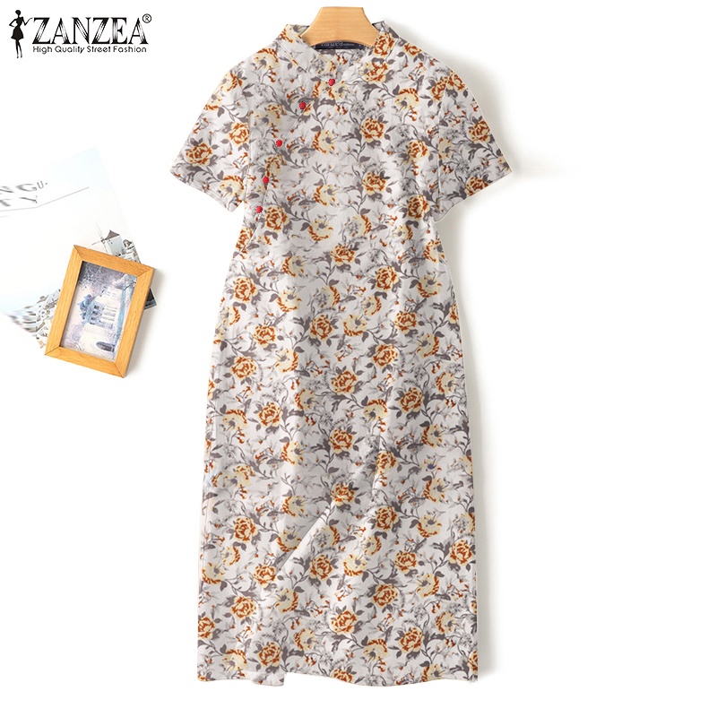 Đầm ZANZEA tay ngắn cổ đứng họa tiết hoa cổ điển thanh lịch cho nữ