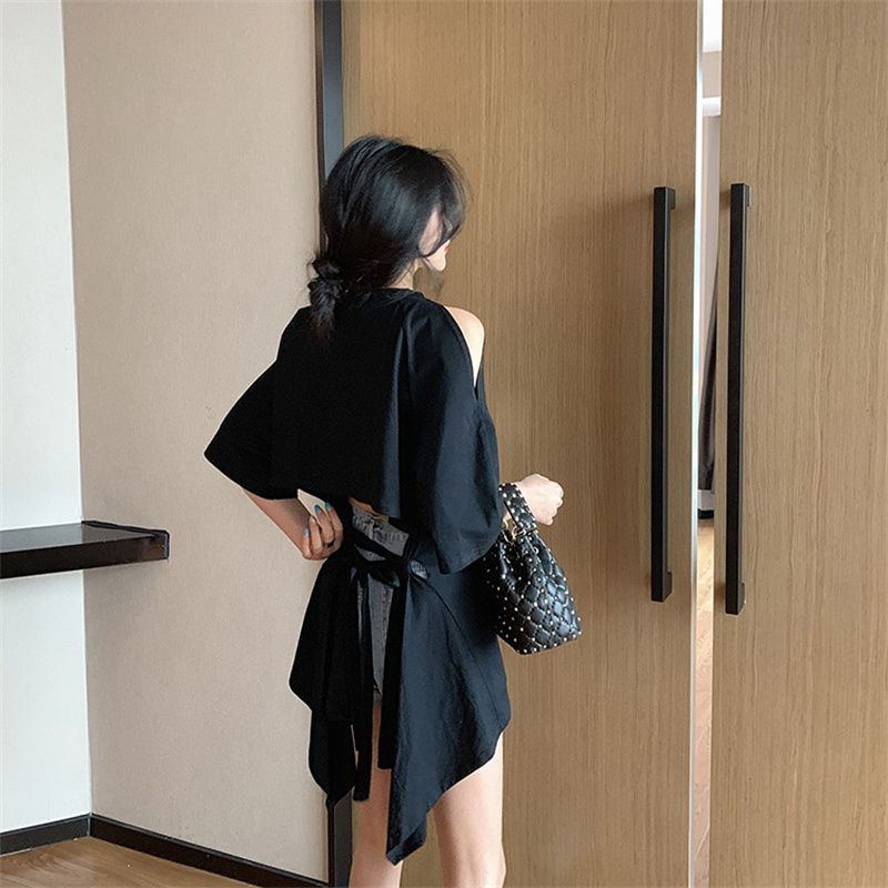 New lace-up design small heart sweater T large size slimming French minority short-sleeved T-shirt for girls off-shoulder large size knitted top