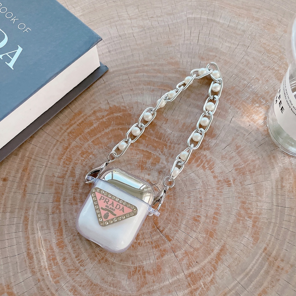 Vỏ Bảo Vệ Hộp Sạc Tai nghe không dây AirPods 1 2 3 Pro2 2022 Bằng tpu Mềm Trong Suốt Chống Sốc Hình Tam Giác Phối Dây Xích Bạc Thời Trang