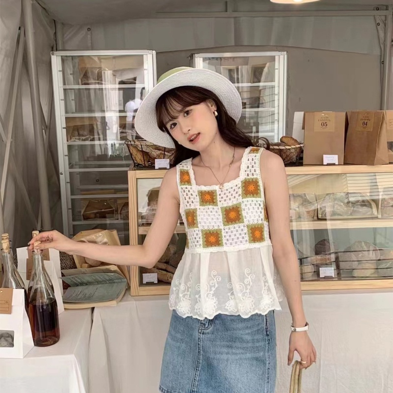 Áo Croptop Len Không Tay Cổ Vuông Thời Trang Mùa Hè Cho Nữ