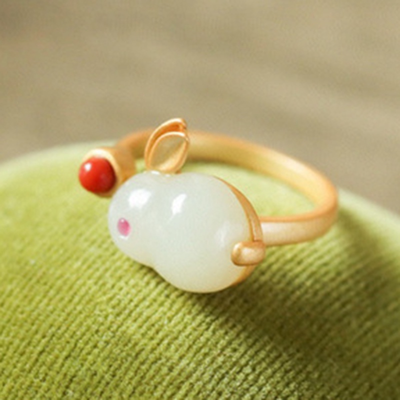 Margot Nhẫn Đính Đá Ngọc Bích Tự Nhiên Hình Thỏ Dễ Thương Có Thể Điều Chỉnh Cho Nữ