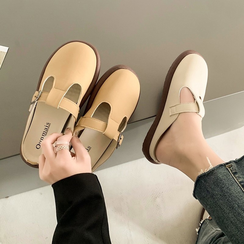 Qinos Dép Muller Mũi Tròn Phong Cách retro 2023 Cho Nữ