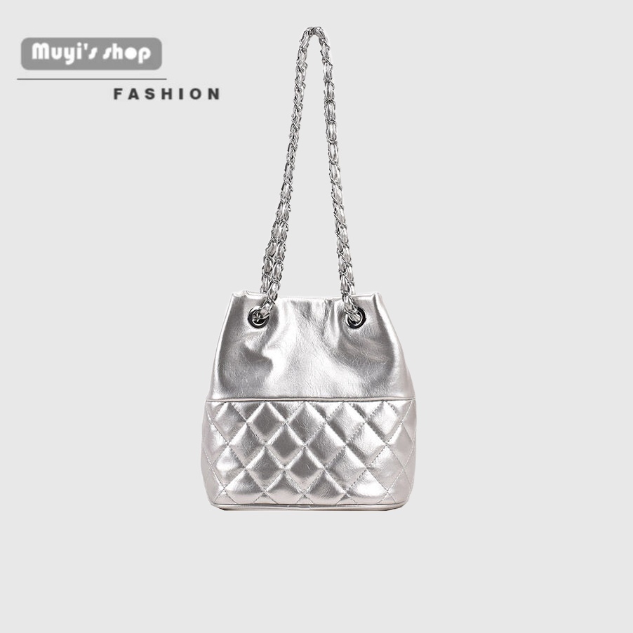 Túi Xách Bucket Đeo Vai Màu Bạc Phối Dây Xích Thời Trang Xuân Hè Chất Lượng Cao Phong Cách Mới