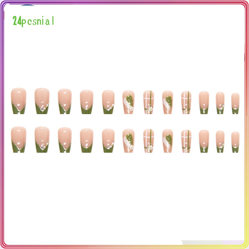 Móng Tay Giả Ngắn Màu Xanh Lá Đính Đá Dễ Thương Tươi Tắn Phong Cách Pháp Mùa Hè/Móng Tay Giả 3d / Móng Tay Giả Kèm Keo Móng Dài/ nơ kèm keo dán dễ thương xinh xắn