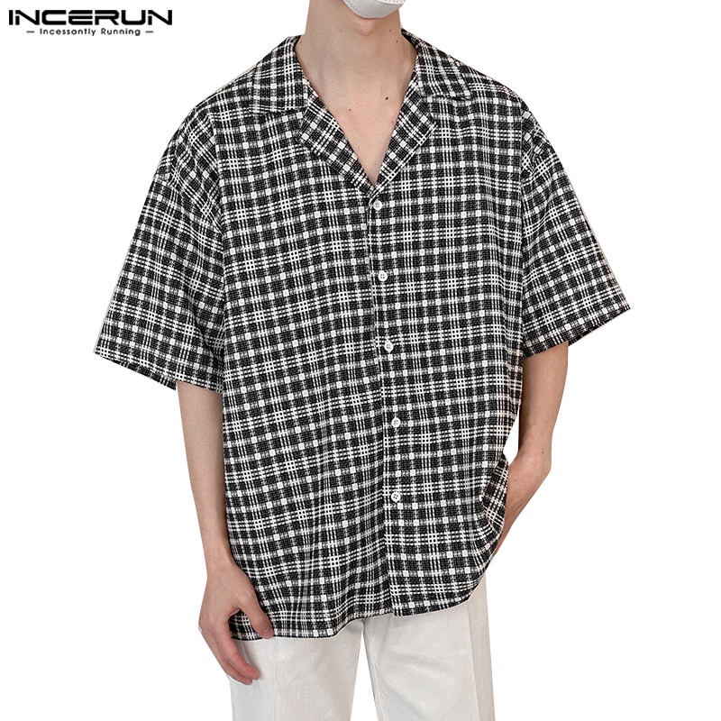 INCERUN Áo Sơ Mi Tay Ngắn Họa Tiết Sọc Caro Thời Trang Cho Nam