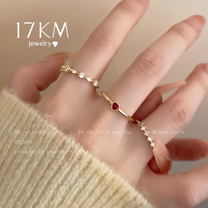 Bộ 3 nhẫn 17KM mặt trái tim đỏ đính đá zircon sang trọng thời trang phong cách Hàn Quốc dành cho bạn nữ