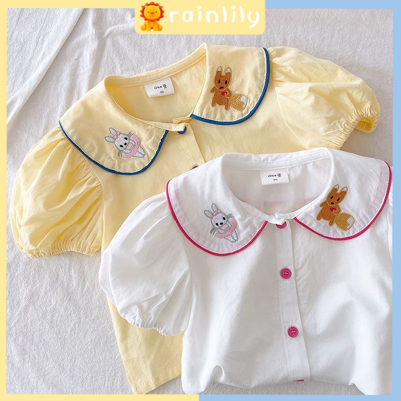 Áo Sơ Mi Cotton Tay Ngắn Cổ Búp Bê Thêu Họa Tiết Hoạt Hình Phong Cách Hàn Quốc Thời Trang Mùa Hè Cho Bé Gái