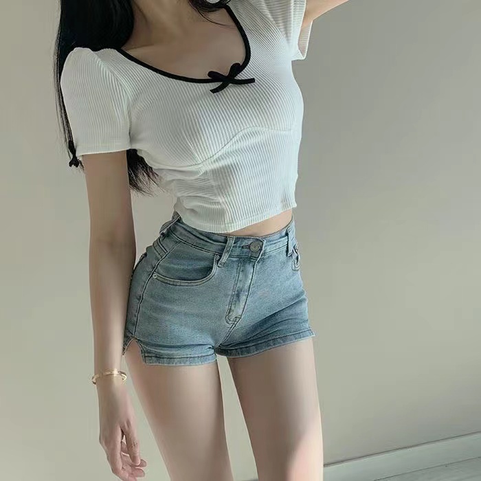 Quần Đùi denim lưng cao co giãn xẻ tà nhỏ mùa hè cho bigsize  jean nữ ngắn