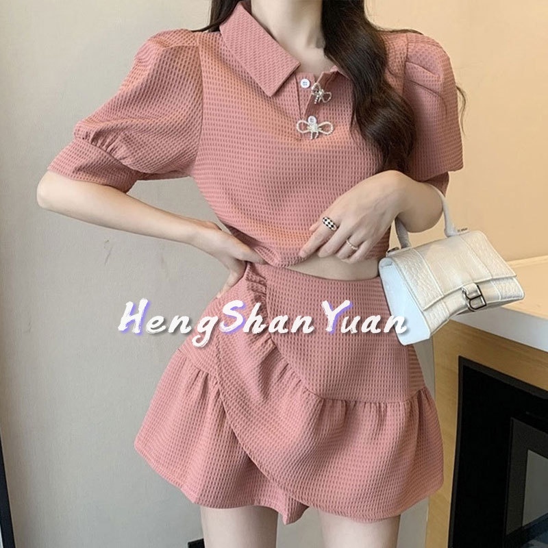 Set đồ HENG SHAN YUAN gồm áo thun ngắn tay và chân váy chữ A thời trang dành cho nữ
