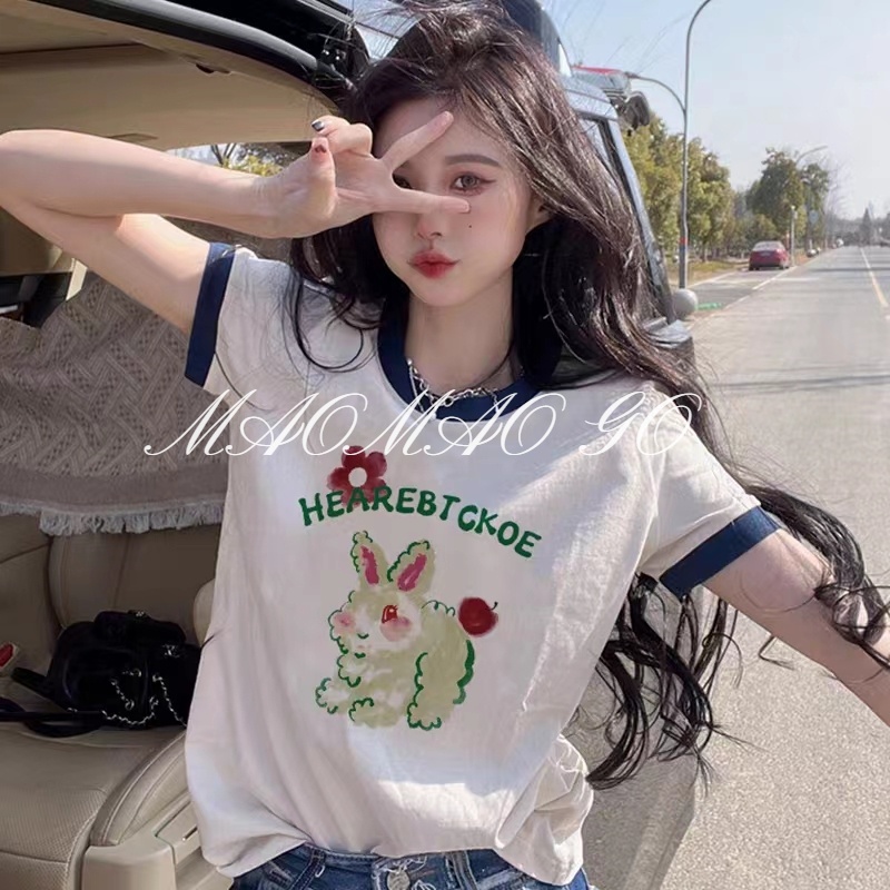 Maomao GO Áo Thun Ngắn Tay Dáng Rộng In Họa Tiết Khối Màu Sắc Thời Trang Cho Nữ