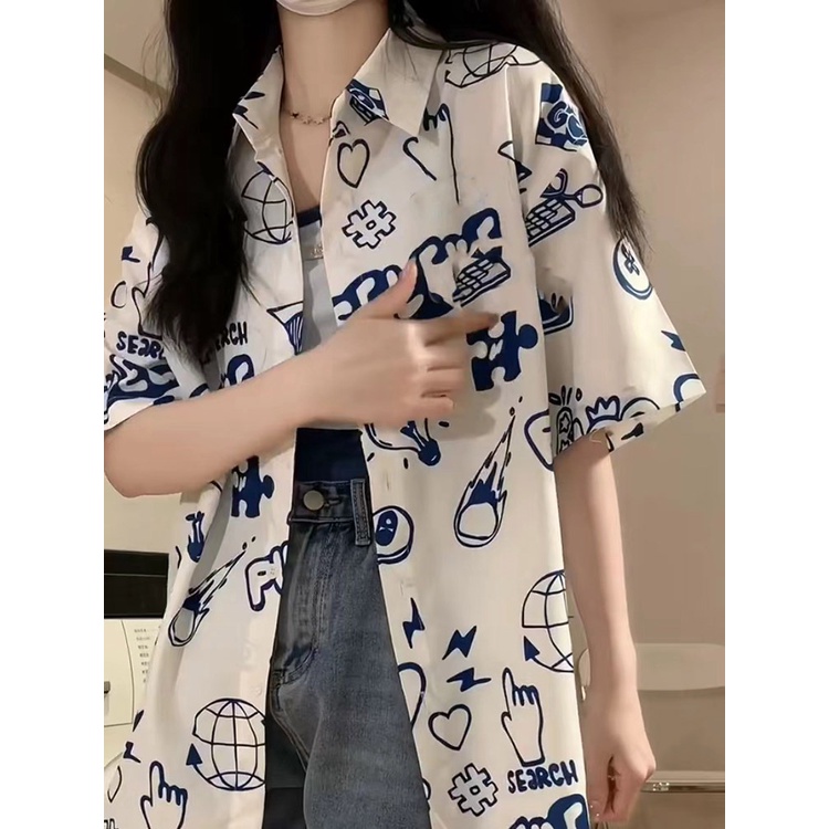 NRVP Áo Sơ Mi Nữ Ngắn Tay In Họa Tiết Độc Đáo Phong Cách Hàn Quốc Mới